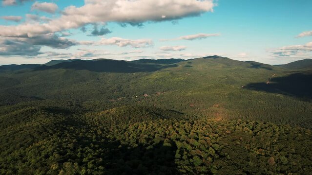 Aerial Of Adirondack Mountains At Sunset With Blue Sky And Green Forest