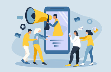 vector illustration on the theme of smm, seo, social media influencers, online advertising. A man shouts into a megaphone from the screen of a smartphone, different people go to him