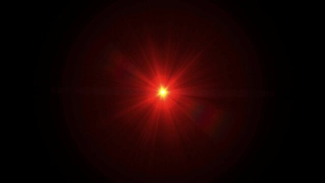 Realistic red light lens flare on black background.
