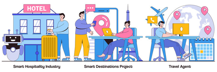 Smart Hospitality Industry, Smart Destinations Project, Travel Agent Service with People Characters Illustrations Pack