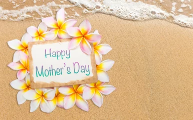 Gordijnen Happy Mother's day card with plumeria flower frame on the beach, tropical style © sirirak