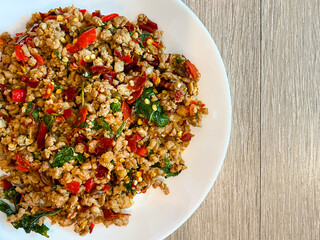 Spicy stir-fried pork and basil leave, Thai food