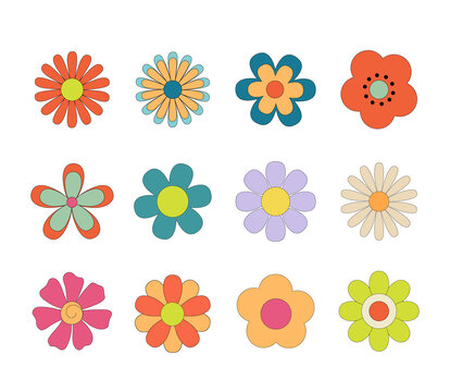 Groovy Retro Flowers Daisy Set. Hippie Psychedelic Stickers In 1970 Style. Vector Disco Flowers Isolated On White Background