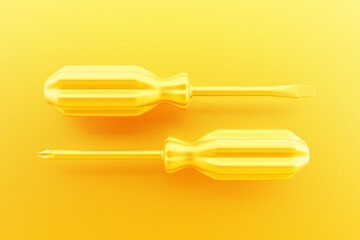 3D illustration of a  yellow screwdrivers in cartoon style on a monochrome  isolated background. Hand carpentry tool for DIY shop.