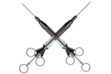 3D rendering. Close-up of a metal syringe with a vaccine against serious diseases on a white isolated background.  Coronovirus vaccination and pandemic control