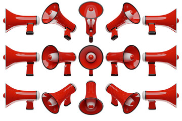 Red  cartoon loudspeaker from all sides on a white monochrome background. 3d illustration of a megaphone. Advertising symbol, promotion concept.