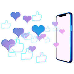 3D illustration of a mockup of a modern smartphone with a white screen with likes on a white isolated background. Design, illustration for web banner, web and mobile, infographics.