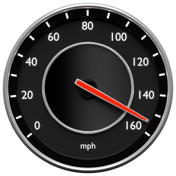 3D close-up illustration of a black dashboard of a car, a digital bright speedometer with a red arrow in a sporty style.