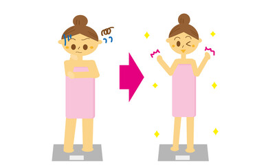 産後で太ってしまった女性のダイエットビフォーアフターのイラストセット・体重計・全身・エステ