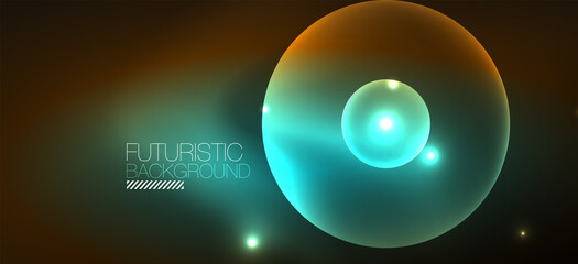 Shiny neon geometric abstract background. Glowing lights on round shapes, triangles and circles. Wallpaper for concept of AI technology, blockchain, communication, 5G, science, business