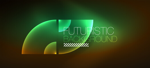 Shiny neon geometric abstract background. Glowing lights on round shapes, triangles and circles. Wallpaper for concept of AI technology, blockchain, communication, 5G, science, business