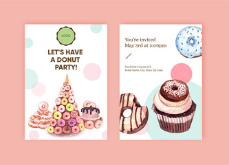 Invitation card template with donut party concept,watercolor style