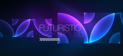 Shiny neon geometric abstract background. Glowing lights on round shapes, triangles and circles. Wallpaper for concept of AI technology, blockchain, communication, 5G, science, business