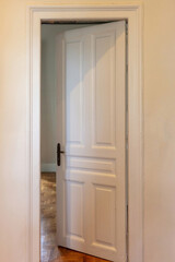 Open door on house wall background. Interior retro white tall door, front view.