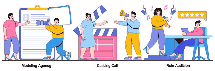 Modeling Agency, Casting Call, Singing Audition with People Characters Illustrations Pack