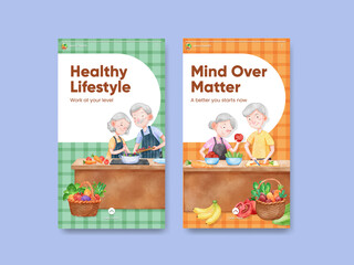 Instagram template with senior health fitness concept,watercolor style
