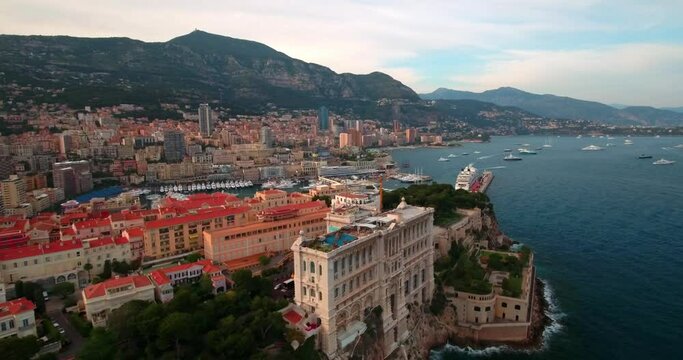 Aerial Forward Oceanographic Museum Of Monaco In City By Sea