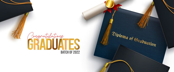Graduation greeting vector background design. Congratulations graduates text with 3d diploma, holder and mortarboard cap elements for college grad celebration messages. Vector illustration.
