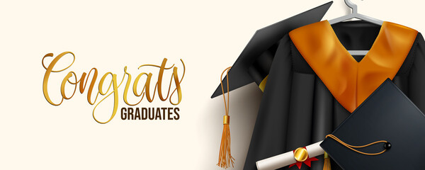 Graduation greeting vector design. Congrats graduates text with graduation dress and elements of mortarboard cap, gown and diploma for ceremony celebration messages. Vector illustration.
 - obrazy, fototapety, plakaty