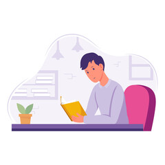 concept of an office worker man reading a book on an office background