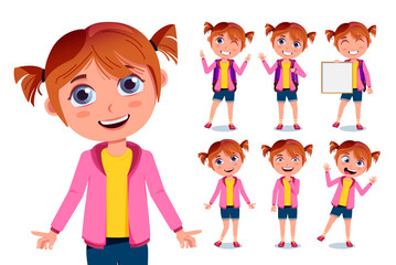 School kids vector character set design. Student girls characters in cute and friendly faces with standing pose and gesture for back to school girl collection. Vector illustration.
