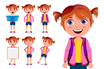 School girls vector character set. Student female characters in holding, reading and standing pose isolated in white background for back to school friendly collection design. Vector illustration.
 