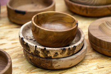 Handmade wooden bowls on a table