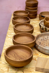 Fototapeta na wymiar Handmade wooden bowls on a table