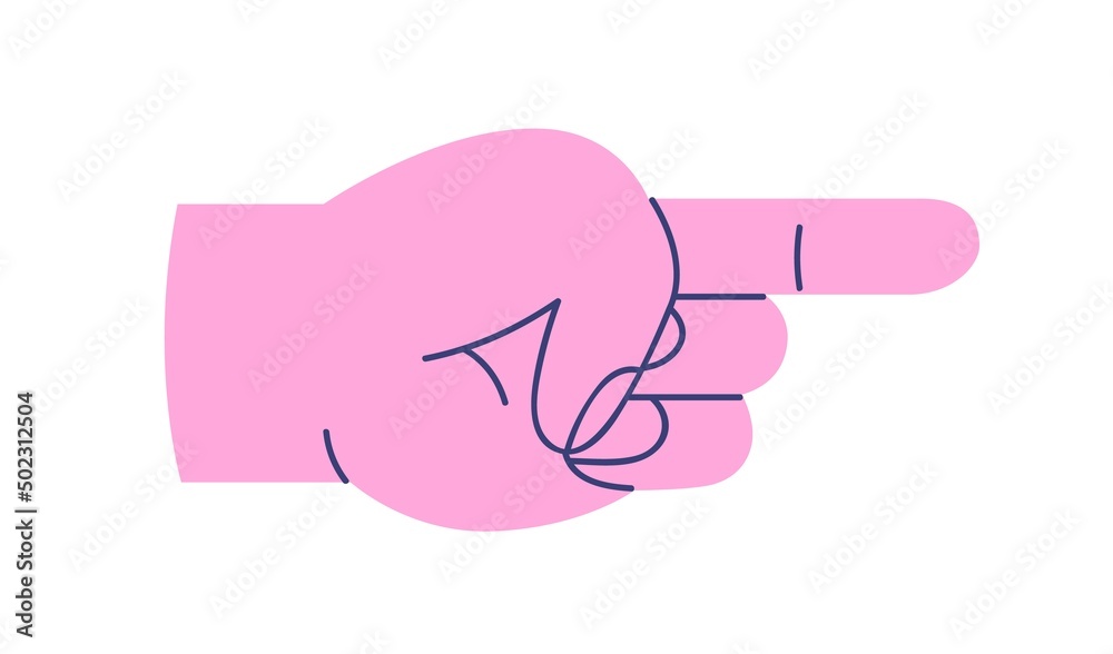 Aufkleber Hand with index finger pointing, aiming, indicating right icon. Forefinger showing direction, directing there. Arm pointer choosing. Flat vector illustration isolated on white background