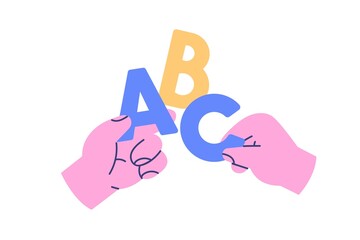 ABC, basic alphabet letters in hands icon. Arms holding A, B, C for kids education, learning, studying. Easy elementary for beginners. Flat graphic vector illustration isolated on white background