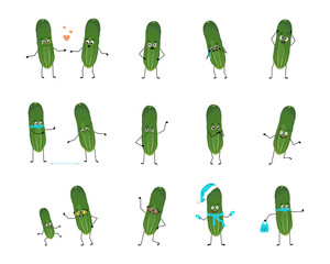 Set of cucumber character with happy or sad emotions, panic, loving or brave face, hands and legs. Person with expression, green vegetable with mask, glasses or hat. Vector flat illustration