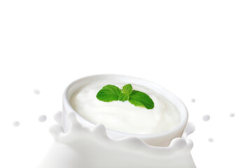 Yogurt in bowl falling in to the milk splashed isolated on white background, The movement of Organic dairy products juicy creamy, Healthy drink probiotic, Ketogenic diet food for health care concept.