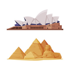 Sydney Opera House and Egypt Pyramid as Famous City Landmark and Travel and Tourism Symbol Vector Set - obrazy, fototapety, plakaty