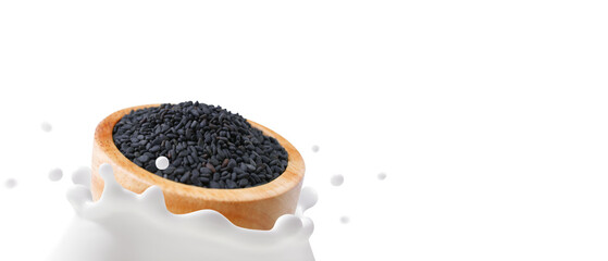 Black Sesame, Soy Milk, The movement of sesame grains in wooden bowl falling into dairy splashed,...
