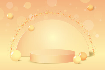 3d pastel orange podium background with bokeh effect. Product display stage with scene. Empty cosmetic stand platform with geometric decoration