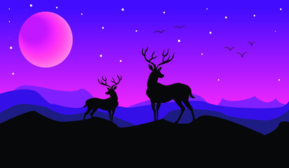 Deer in the night with moon and stars