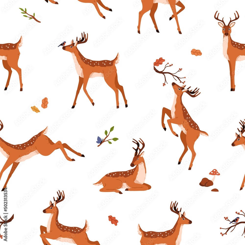 Poster cute deer pattern. seamless background with wild baby animal. repeating print with spotted reindeer.