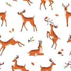 Cute deer pattern. Seamless background with wild baby animal. Repeating print with spotted reindeer. Endless texture with bambi, spotty horny fawn. Colored flat vector illustration for decoration