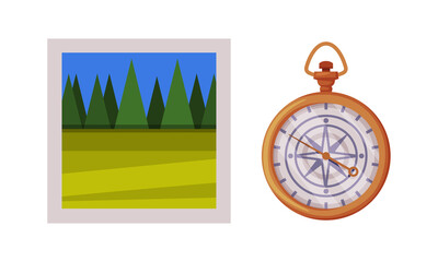 Compass with Arrow and Photo Card as Travel and Tourism Symbol Vector Set