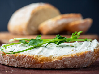 Close-up of a piece of bread smeared with cottage cheese and decorated with micro greenery. Next to...