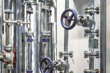 Thin metal pipes with small blue valves and flanges at plant