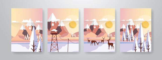 Beautiful winter landscape vector poster set.