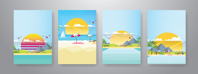 Colorful summer beach poster vector illustration set