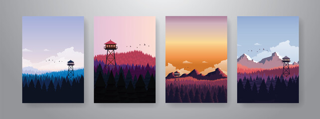 Vector forest landscape colorful poster, with firewatch tower