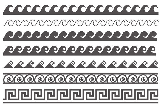 Greek style seamless frames. Geometric border set. Vector ornament pattern. Mediterranean decor elements with waves