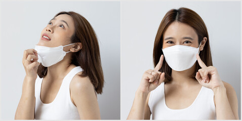 Suffocating young woman taking a breath out of face mask and still wearing face mask, concept image...