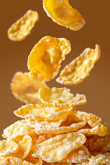 Corn flakes macro, levitation, close up cereals for breakfast