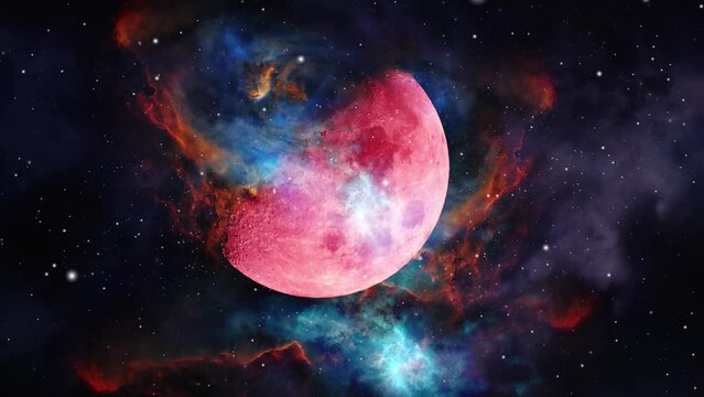 4k universe animation of a red planet in the middle of a nebula cloud in space