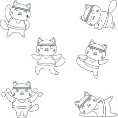 cat exercise flat vector icon outline collection set