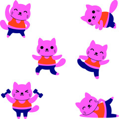 cat exercise flat vector icon color collection set